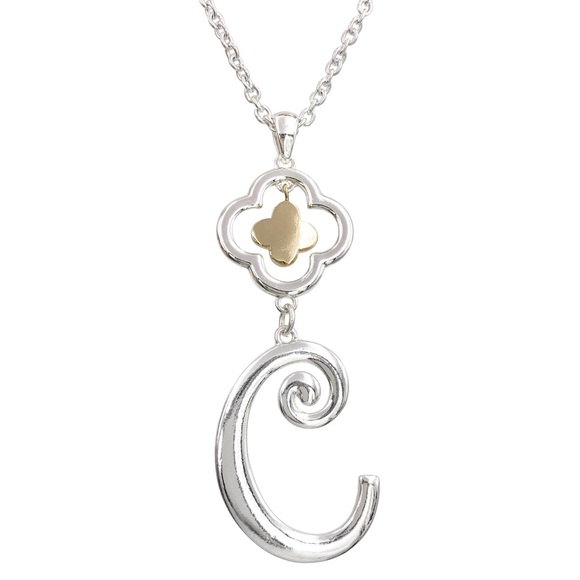 Initial C Monogram Letter Quatrefoil Silver & Gold Tone Long Necklace - Picture 2 of 2